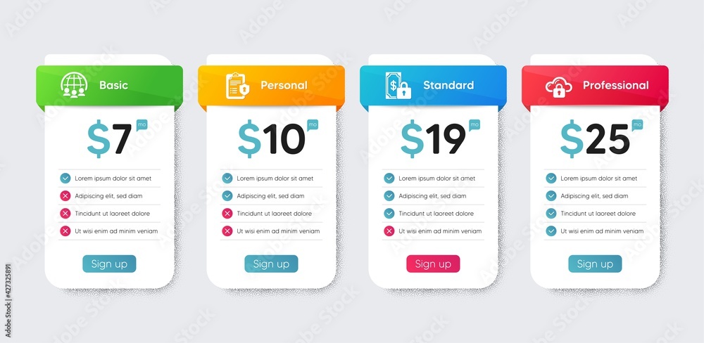 Technology icons set. Price table chart, business plan template. Included icon as Privacy policy, Global business, Cloud protection signs. Private payment flat icons. Vector