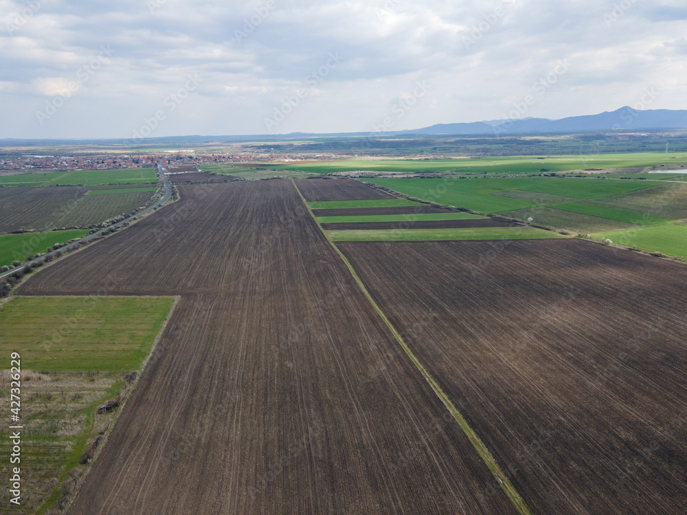 Aerial view of Upper Thracian Plain near town of Parvomay,  Bulgaria