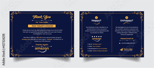 Modern creative luxurious amazon thank you card print ready premium vector with elegant golden color