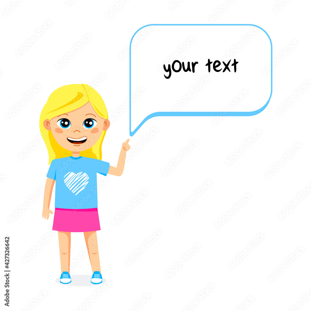 Cute blonde kid girl speaks and speech bubble with place for text. Vector.