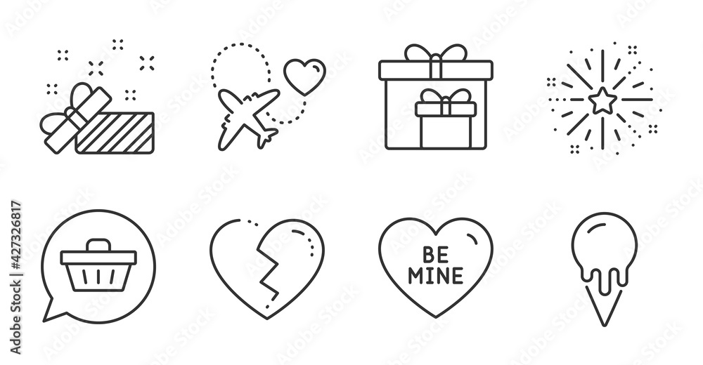 Fototapeta premium Fireworks explosion, Broken heart and Shopping cart line icons set. Honeymoon travel, Delivery boxes and Be mine signs. Ice cream, Present symbols. Quality line icons. Vector