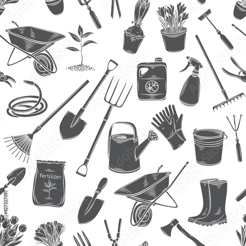 Gardening tools and plants flowers