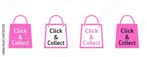 „Click & Collect“ Icons Einkaufstüten, Einkaufstaschen, Tragetaschen, in pink, Reklame Hintergrund, Einkaufen mit Termin, Vektor Illustration isoliert auf weißem Hintergrund 