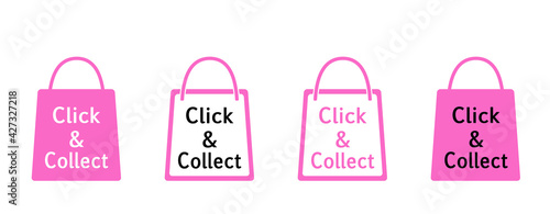 „Click & Collect“ Icons Einkaufstüten, Einkaufstaschen, Tragetaschen, in pink, 
Reklame Hintergrund, Einkaufen mit Termin, 
Vektor Illustration isoliert auf weißem Hintergrund
