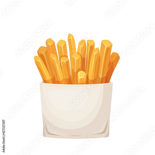 Potatoes french fries in carton package box. Fast food vector illustration