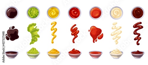 Sauces in bowls, soy sauce, ketchup, mayonnaise, wasabi, hot chili, mustard, bbq, splash strips, drops and spots. Vector illustration.