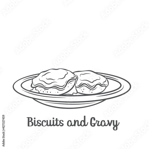 Biscuits and gravy outline vector icon. Drawn American biscuits covered with thick white sausage gravy.