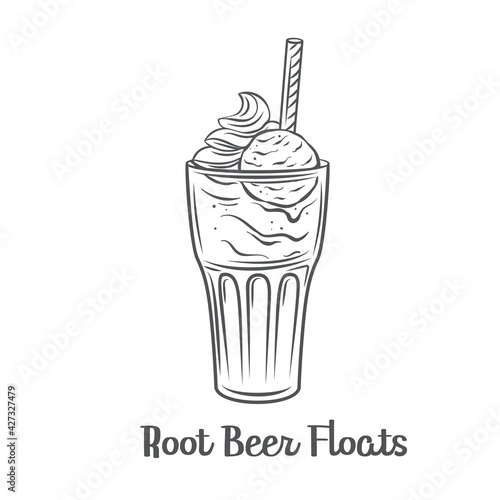 Root beer floats outline vector icon. Drawn American dessert drink.