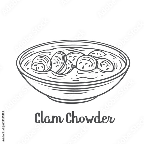 Clam chowder soup bowl outline vector icon. Drawn Traditional American cream soup with clams and broth.