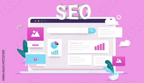 Search engine optimisation - laptop computer with web analytic elements in colourful 3d vector style. SEO concept.