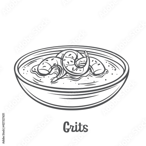 Grits with shrimp outline vector icon. Drawn boiled cornmeal porridge illustration.
