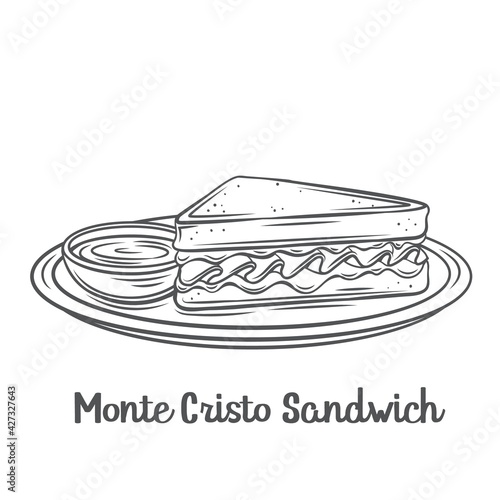 Monte Cristo Sandwich outline vector icon. Drawn triangular tall sandwich with grilled cheese and ham, fried in egg on a plate with jam.