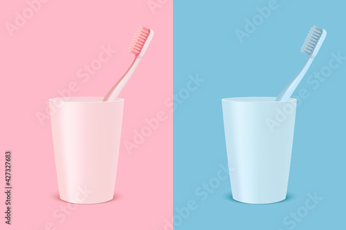 Vector 3d Realistic Pink and Blue Toothbrush and Plastic Holder Cup Set Isolated. Medical Dentist Illustration. Design Template, Clipart, Mockup. Dental, Health, Dental Care Concept