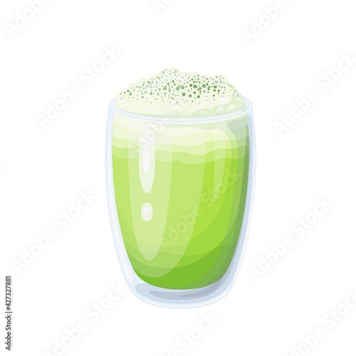 Matcha latte with coconut whipped cream in glass cup vector illustration.