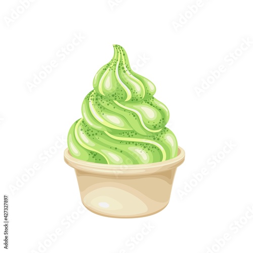Matcha green ice cream or yogurt in paper cup vector illustration.