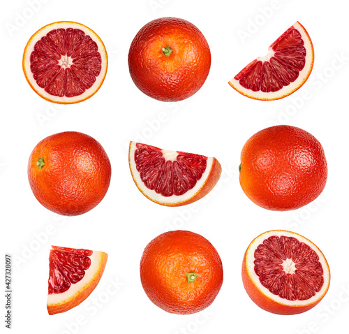 Blood red oranges isolated on white background. Top view. Flat lay. Set or collection