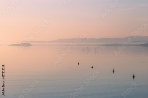 Peaceful and dreamlike view of a lake  with a line of buoys in the foreground