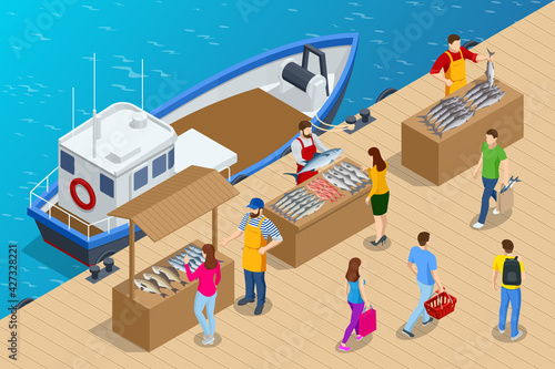 Isometric Fresh Fish and Seafood Sale Market. Fresh Fish in the Fresh Market or Supermarket cooled Fish Fresh. Sea Bass and Bream Fresh Fish