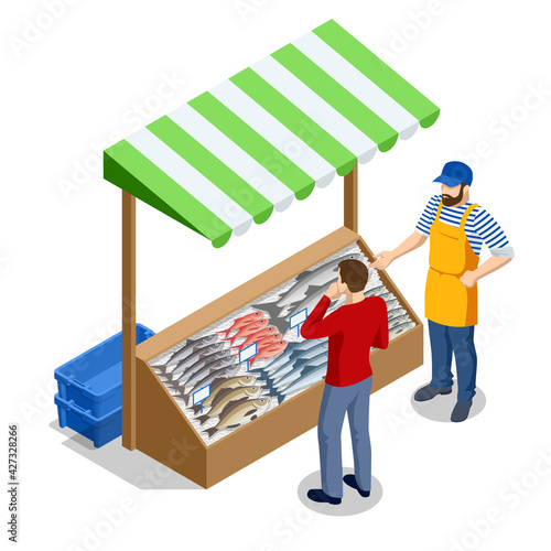 Isometric Fresh Fish and Seafood Sale Market. Fresh Fish in the Fresh Market or Supermarket cooled Fish Fresh. Sea Bass and Bream Fresh Fish