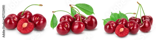 red sweet cherry isolated on white background with full depth of field. Set collection