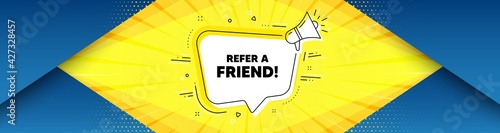 Refer a friend symbol. Background with offer speech bubble. Referral program sign. Advertising reference. Best advertising coupon banner. Refer friend badge shape message. Vector
