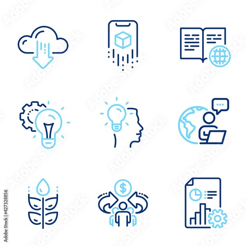 Science icons set. Included icon as Internet book, Idea, Report signs. Cloud download, Idea gear, Sharing economy symbols. Gluten free, Augmented reality line icons. Line icons set. Vector