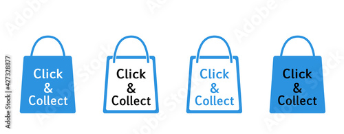 „Click & Collect“ Icons Einkaufstüten, Einkaufstaschen, Tragetaschen, in blau, 
Reklame Hintergrund, Einkaufen mit Termin, 
Vektor Illustration isoliert auf weißem Hintergrund
