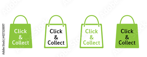 „Click & Collect“ Icons Einkaufstüten, Einkaufstaschen, Tragetaschen, in grün, 
Reklame Hintergrund, Einkaufen mit Termin, 
Vektor Illustration isoliert auf weißem Hintergrund
