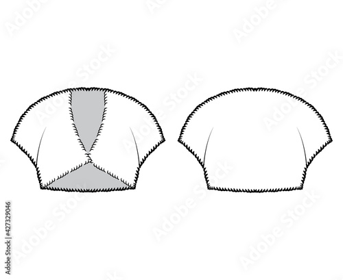 Faux fur shrug bolero technical fashion illustration with V- neck, capped sleeves, cut-away style, fitted body, crop length. Flat top apparel front, back, white color. Women, men unisex CAD mockup