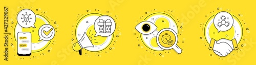 Vip timer, Gift box and Face biometrics line icons set. Cell phone, megaphone and deal vector icons. Chemistry molecule sign. Exclusive privilege, Present package, Facial recognition. Vector