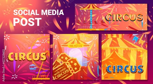 Circus welcome banner, background frame show, event tent, entertainment festival, design, in cartoon style vector illustration.