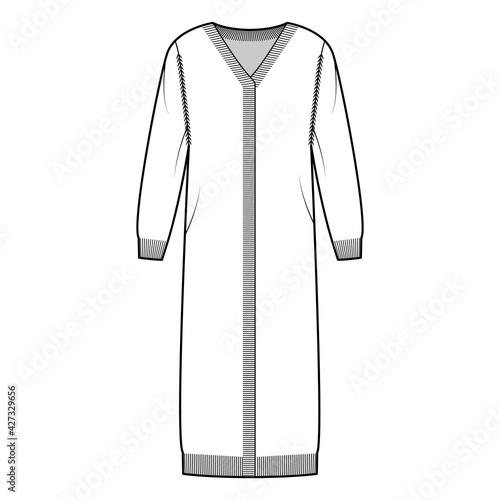 Midi cardigan technical fashion illustration with rib V- neck, long sleeves, oversized, mid-calf length, knit trim. Flat Sweater apparel front, white color style. Women, men unisex CAD mockup