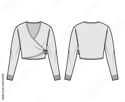 Ballet cardigan technical fashion illustration with V- neck, long sleeves, slim fit, crop length, knit rib trim. Flat Sweater bolero apparel front, back, grey color style. Women, men unisex CAD mockup
