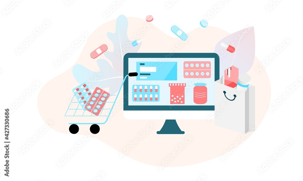 Landing page of Online pharmacy, healthcare, drugstore and ecommerce app concept. Vector of prescription drugs, first aid kit and medical supplies being sold via computer web or smartphone application Landing page of Online pharmacy, healthcare, drugstore and ecommerce app concept. Vector of prescription drugs, first aid kit and medical supplies being sold via computer web or smartphone application