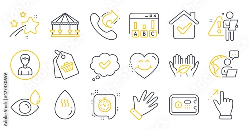Set of Business icons, such as Eye drops, Share call, Smile face symbols. Touchscreen gesture, Person, Hot water signs. Hand, Safe box, Carousels. Survey results, Timer, Approved. Sale tag. Vector