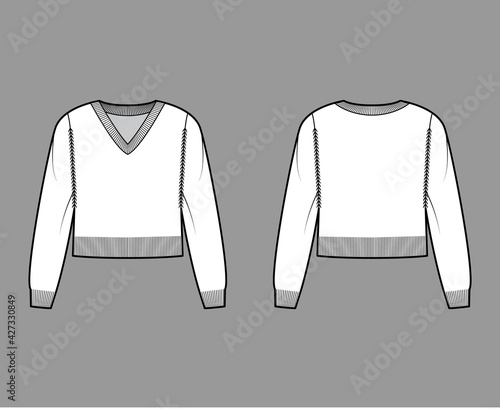 V-neck cropped Sweater technical fashion illustration with long sleeves, relax fit, waist length, knit rib trim. Flat jumper apparel front, back, white color style. Women, men unisex CAD mockup