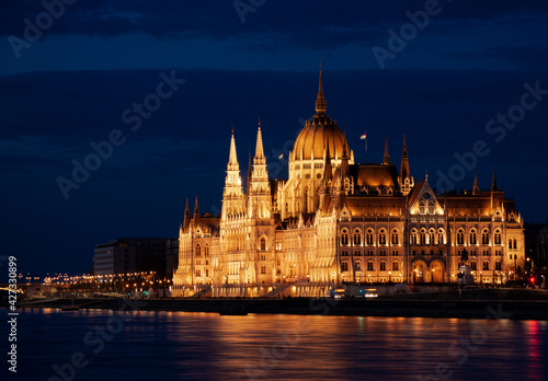 Hungary, Budapest city at night, parliament by the river, reflection of lights in the water © ArturSniezhyn