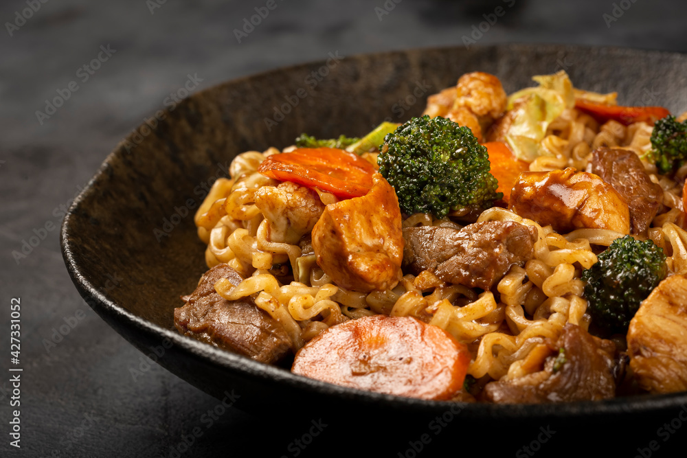Yakisoba noodles. Yakisoba dish with meat, chicken and vegetables. Yakisoba noodles. Yakisoba dish with meat, chicken and vegetables.