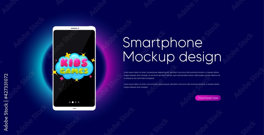 Kids games sticker. Mobile phone vector mockup. Fun playing zone banner.  Children games party area icon. Smartphone mockup template. Kids games  banner. Phone screen frame. Neon background. Vector Stock Vector | Adobe