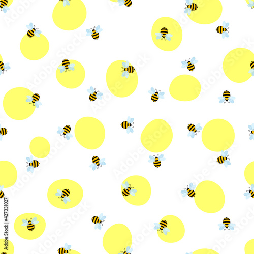 Seamless pattern with bees on color background. Small wasp. Vector illustration. Adorable cartoon character. Template design for invitation, cards, textile, fabric. Doodle style