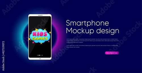 Kids games sticker. Mobile phone vector mockup. Fun playing zone banner. Children games party area icon. Smartphone mockup template. Kids games banner. Phone screen frame. Neon background. Vector