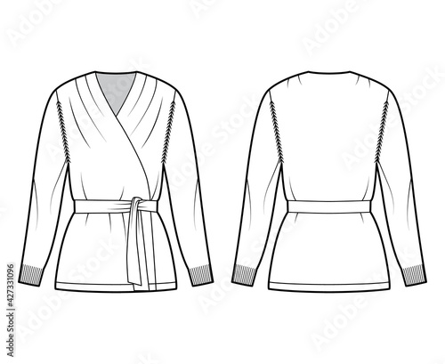 Wrap cardigan technical fashion illustration with V- neck, tie, long sleeves, slim fit, hip length, knit rib trim. Flat Sweater apparel front, back, white color style. Women, men unisex CAD mockup