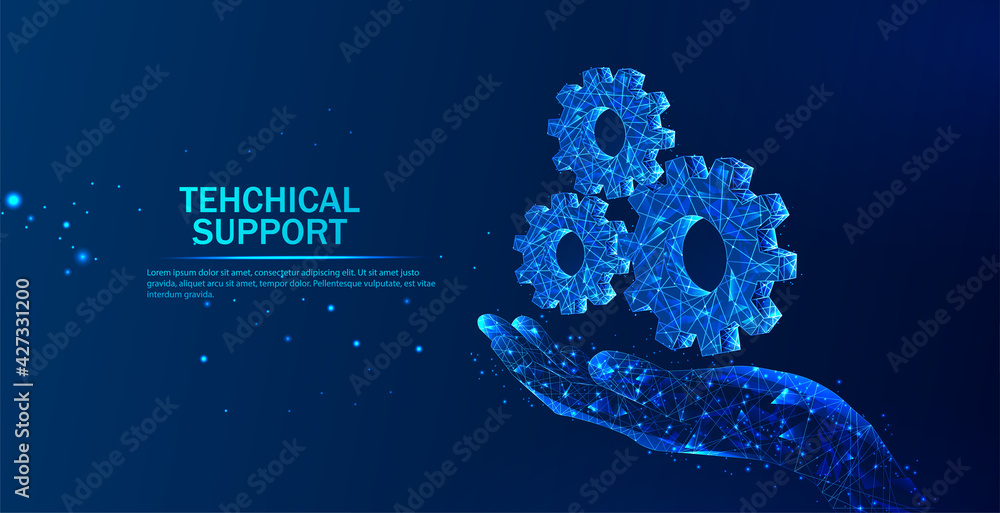Abstract giving hand with cogwheels. Technical support system. Software development. Abstract vector in futuristic polygonal style with wireframe. - obrazy, fototapety, plakaty 