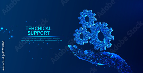 Abstract giving hand with cogwheels. Technical support system. Software development. Abstract vector in futuristic polygonal style with wireframe.