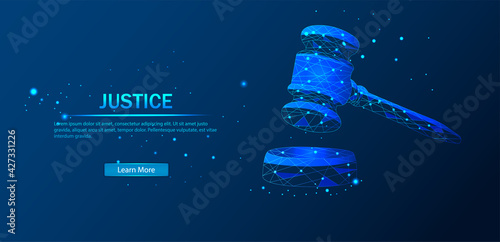 The judge's polygonal hammer. The concept of fine lines. abstract design of the judge's hammer, in the form of lines and dots on a blue background. Vector illustration