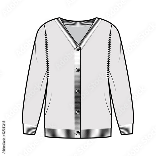 Sweater cardigan technical fashion illustration with V- neck, long sleeves, oversized, fingertip length, knit rib trim. Flat apparel front, grey color style. Women, men unisex CAD mockup