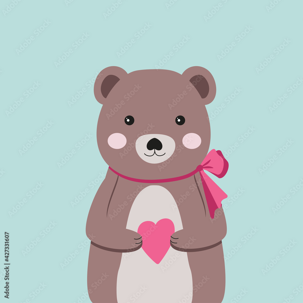 Vector animal on a blue background. Cute baby bear holding heart in his hands. Teddy bear with a bow on the neck. Ideal for poster prints for the playroom. Or for the design of the site of a kids shop Vector animal on a blue background. Cute baby bear holding heart in his hands. Teddy bear with a bow on the neck. Ideal for poster prints for the playroom. Or for the design of the site of a kids shop