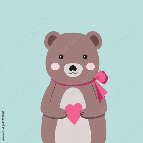 Vector animal on a blue background. Cute baby bear holding heart in his hands. Teddy bear with a bow on the neck. Ideal for poster prints for the playroom. Or for the design of the site of a kids shop