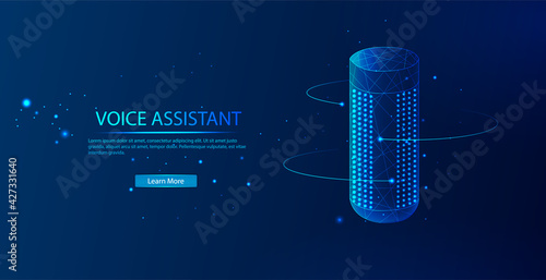 Polygonal smart speaker with title voice assistant landing page. Voice activated digital assistants and home automation hub concept. Blue violet background. Vector illustration.