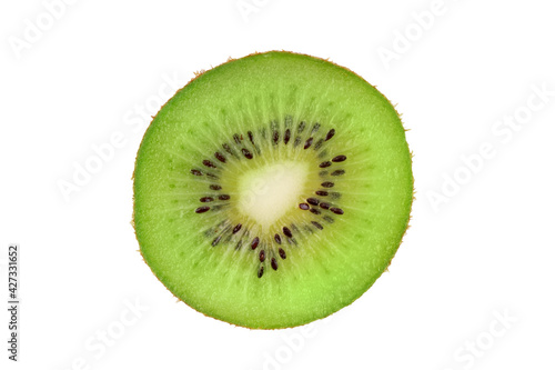 Closeup slice of one green kiwi fruit isolated on white background.